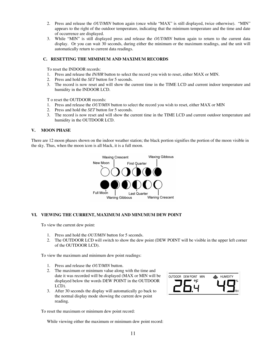 La Crosse Technology WS-9035TWC instruction manual Resetting the Mimimum and Maximum Records, Moon Phase 