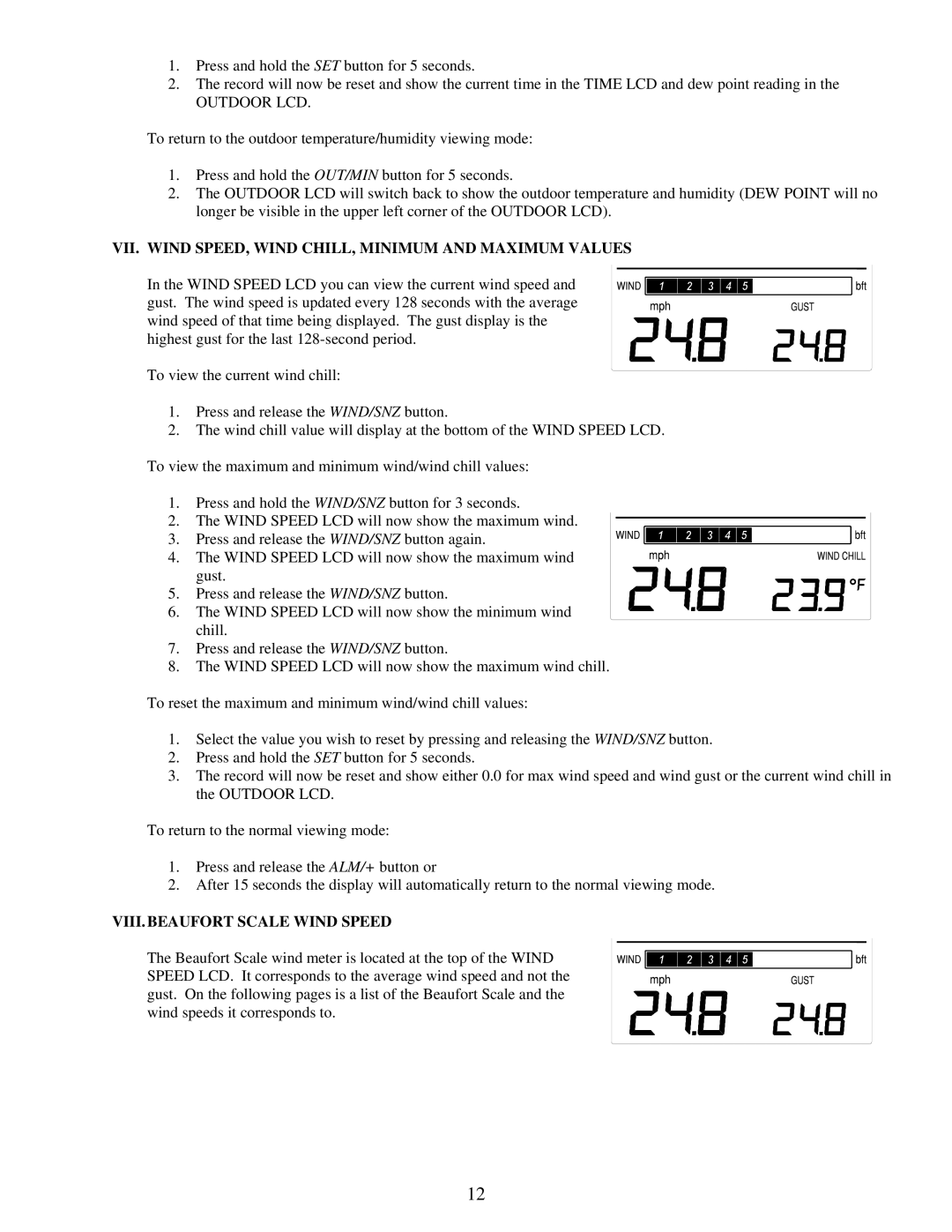 La Crosse Technology WS-9035TWC instruction manual Outdoor LCD, VII. Wind SPEED, Wind CHILL, Minimum and Maximum Values 