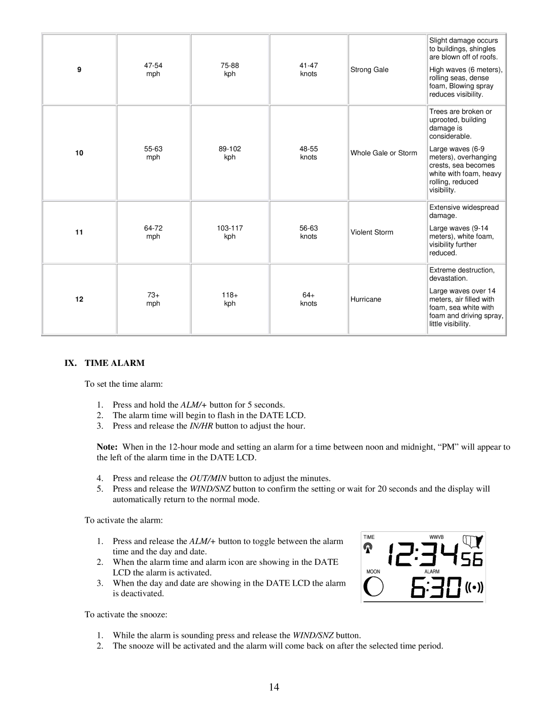 La Crosse Technology WS-9035TWC instruction manual IX. Time Alarm 