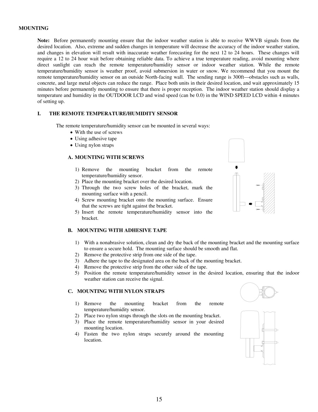 La Crosse Technology WS-9035TWC instruction manual Mounting Remote TEMPERATURE/HUMIDITY Sensor, Mounting with Screws 