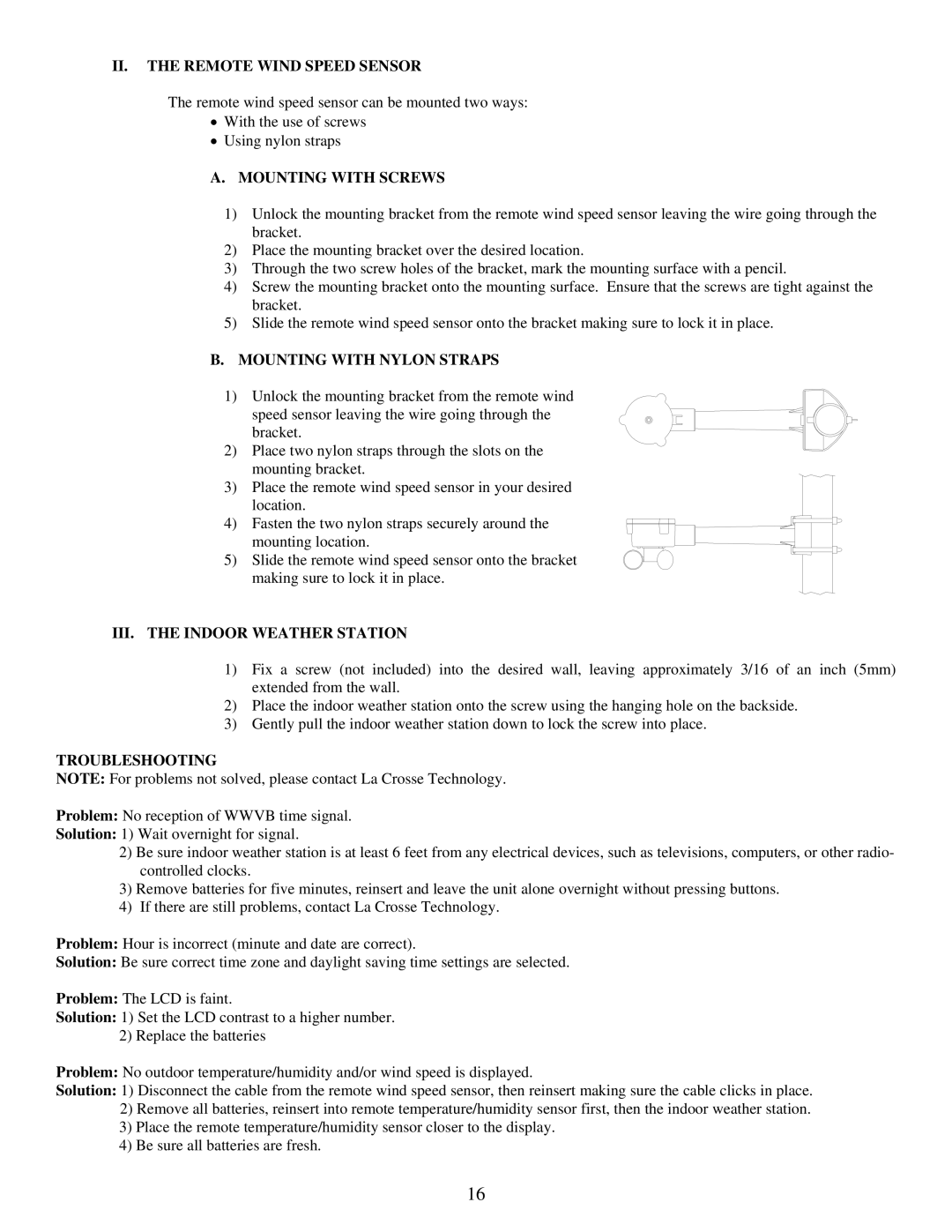 La Crosse Technology WS-9035TWC II. the Remote Wind Speed Sensor, III. the Indoor Weather Station, Troubleshooting 