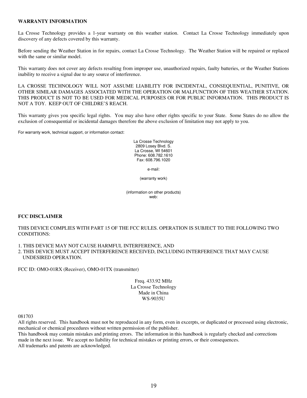 La Crosse Technology WS-9035TWC instruction manual Warranty Information, FCC Disclaimer 