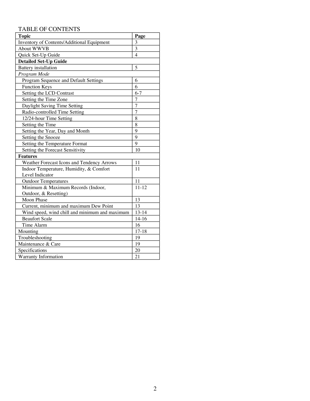 La Crosse Technology WS-9035TWC instruction manual Table of Contents 