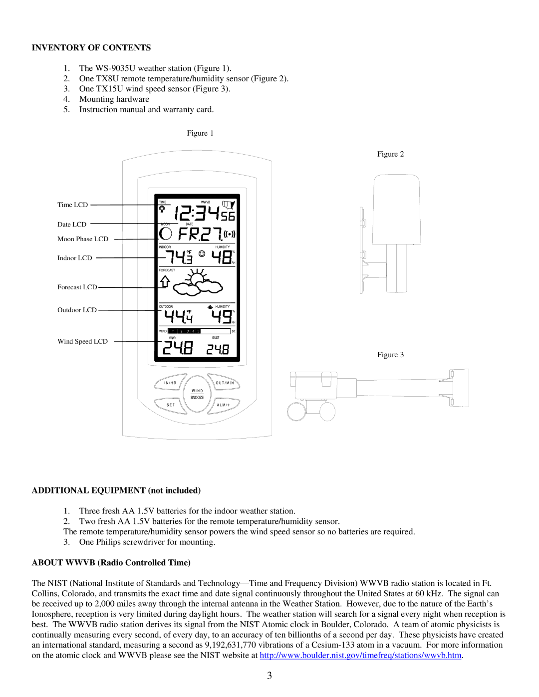 La Crosse Technology WS-9035TWC instruction manual Inventory of Contents 