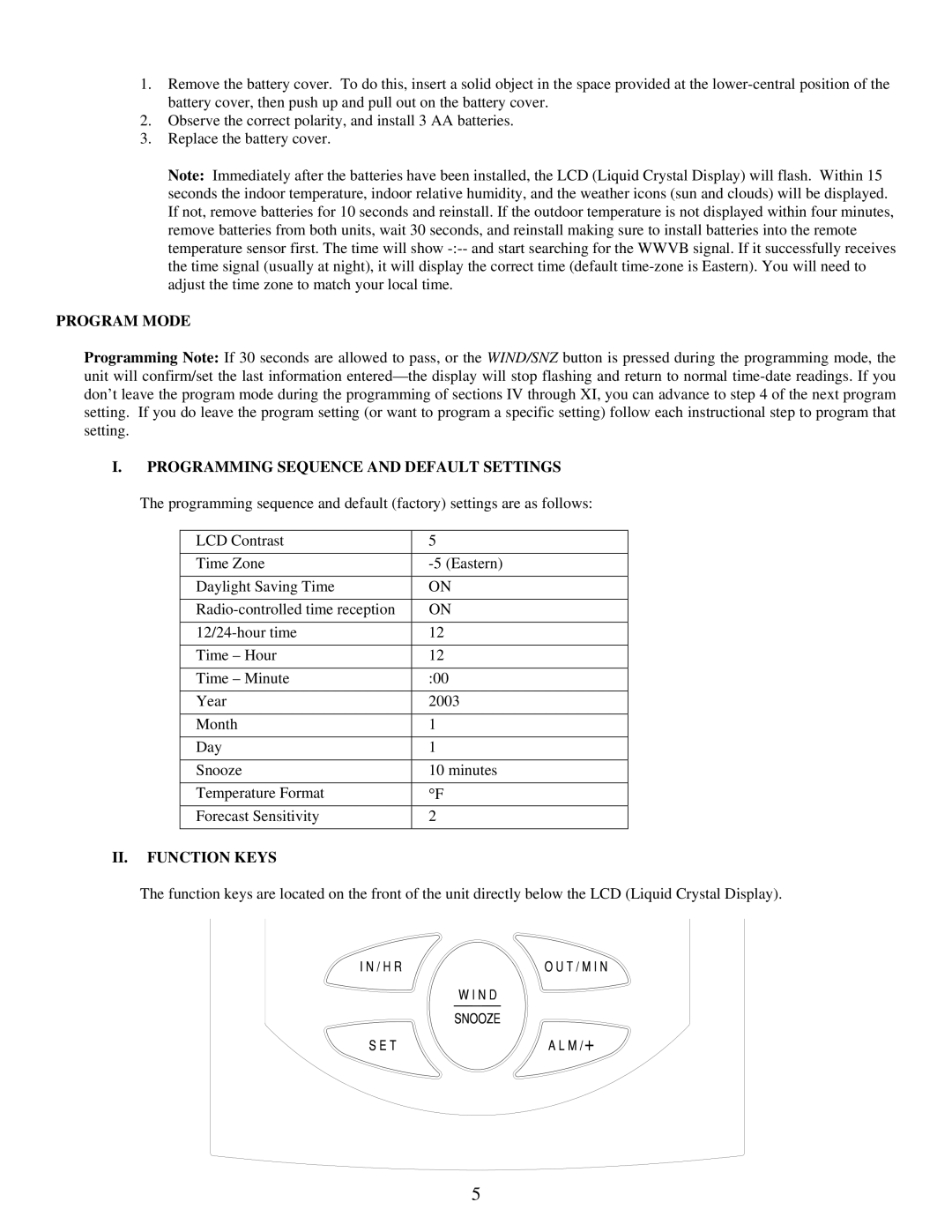 La Crosse Technology WS-9035TWC Program Mode, Programming Sequence and Default Settings, II. Function Keys 