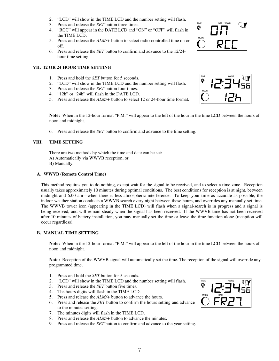 La Crosse Technology WS-9035TWC VII or 24 Hour Time Setting, VIII. Time Setting, Wwvb Remote Control Time 