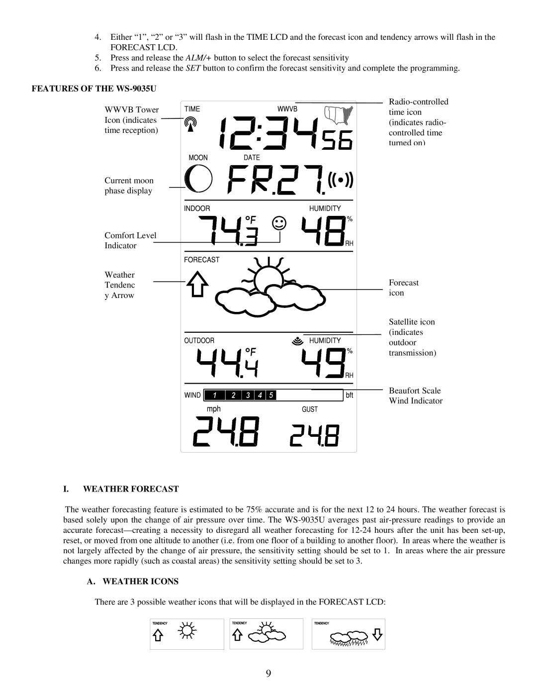 La Crosse Technology WS-9035TWC instruction manual Forecast LCD, Features of the WS-9035U, Weather Forecast, Weather Icons 