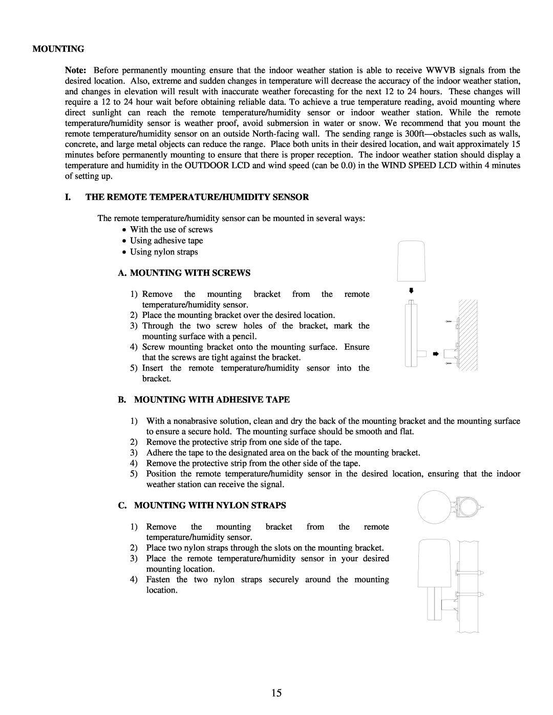 La Crosse Technology WS-9035TWC instruction manual I.The Remote Temperature/Humidity Sensor, A. Mounting With Screws 