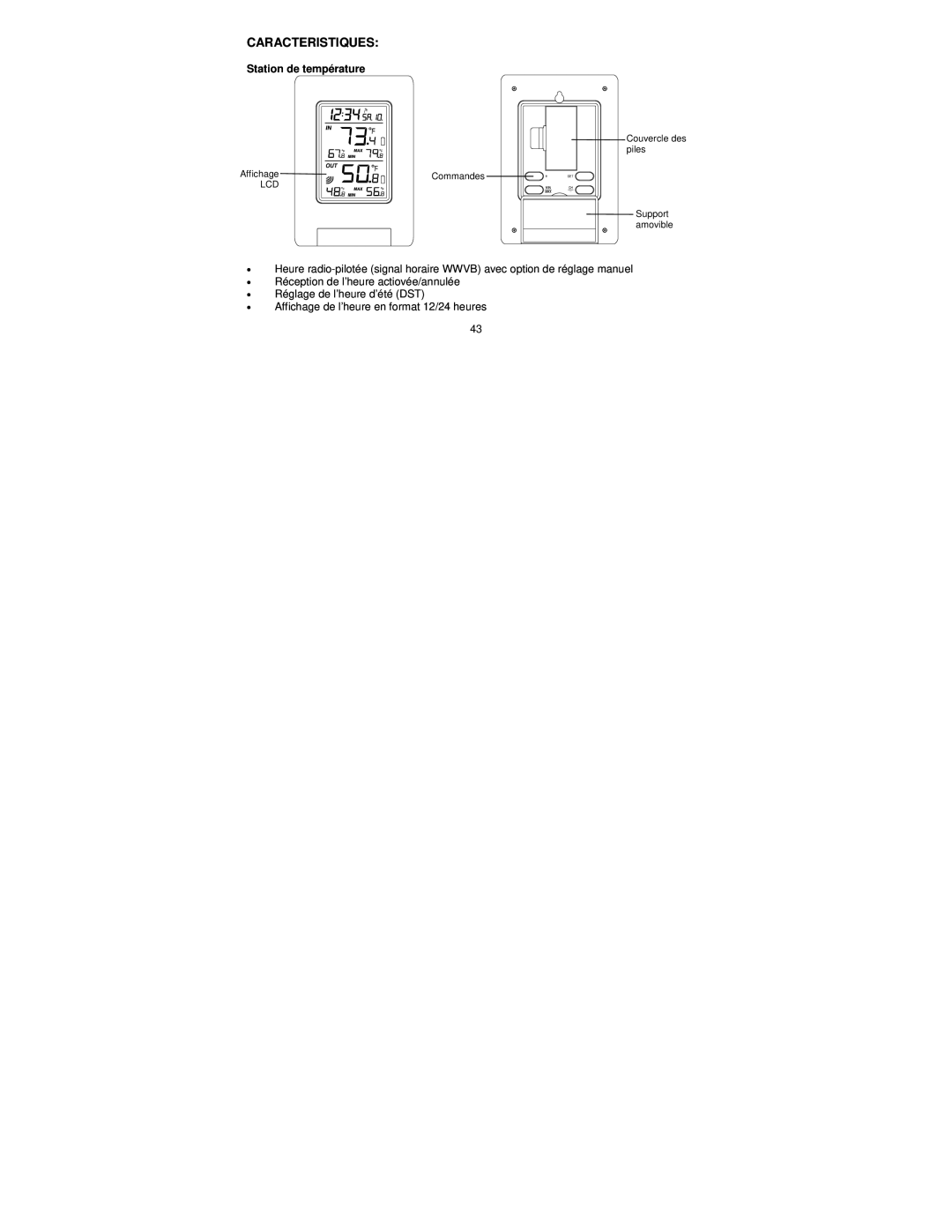 La Crosse Technology WS-9037U-IT manual Caracteristiques, Station de température 