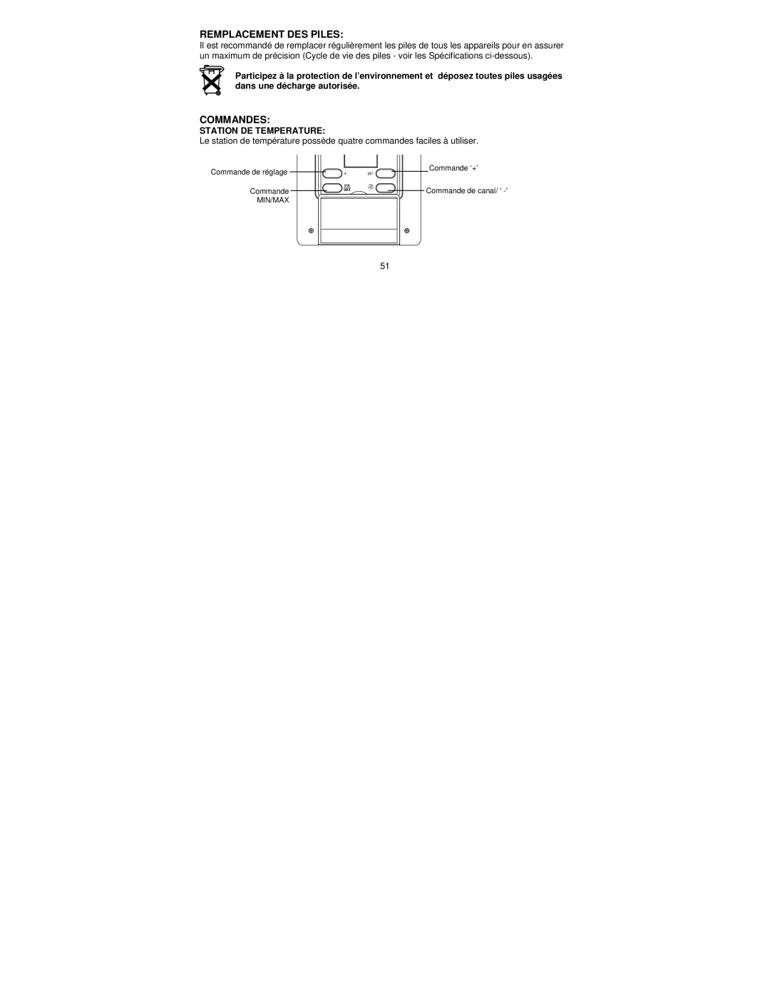 La Crosse Technology WS-9037U-IT manual Remplacement DES Piles, Commandes, Station DE Temperature 