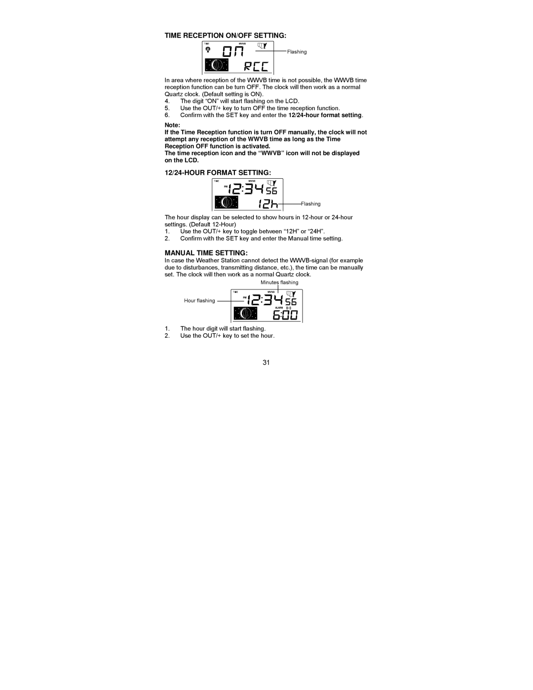 La Crosse Technology WS-9037U-IT manual Time Reception ON/OFF Setting, 12/24-HOUR Format Setting, Manual Time Setting 