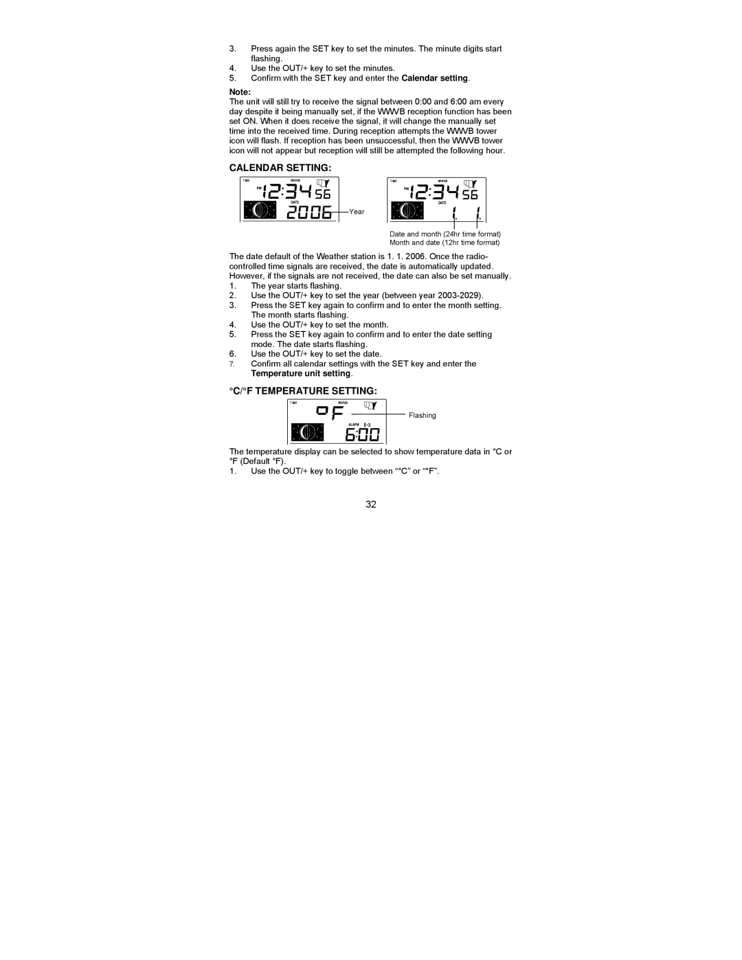 La Crosse Technology WS-9037U-IT manual Calendar Setting, Temperature Setting 