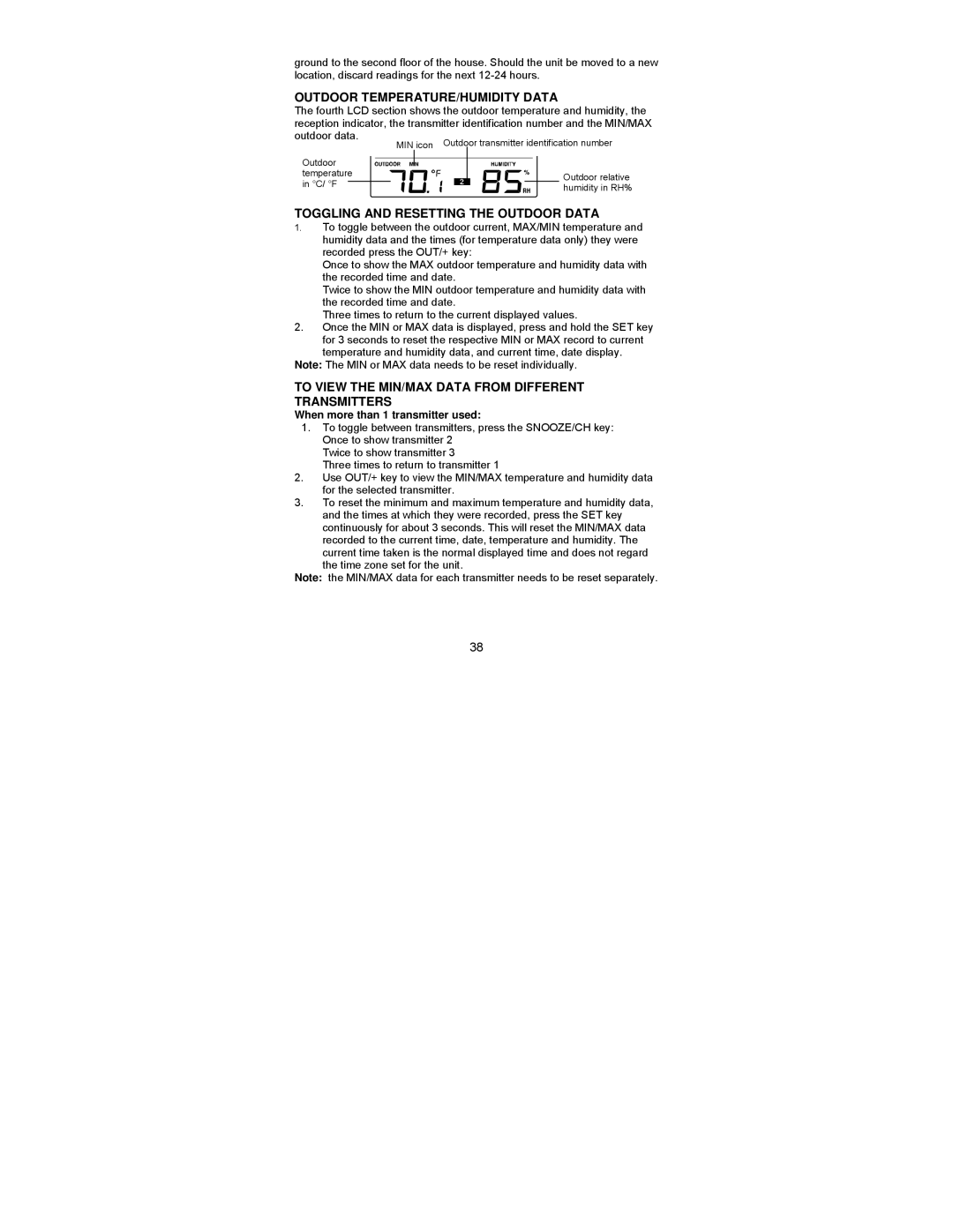 La Crosse Technology WS-9037U-IT manual Outdoor TEMPERATURE/HUMIDITY Data, Toggling and Resetting the Outdoor Data 