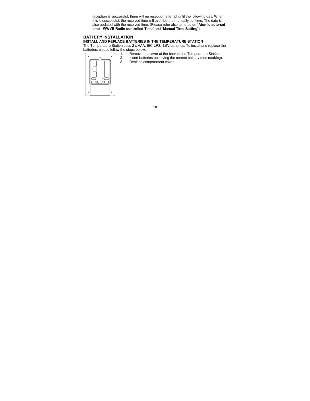 La Crosse Technology WS-9037U-IT manual Battery Installation, Install and Replace Batteries in the Temperature Station 