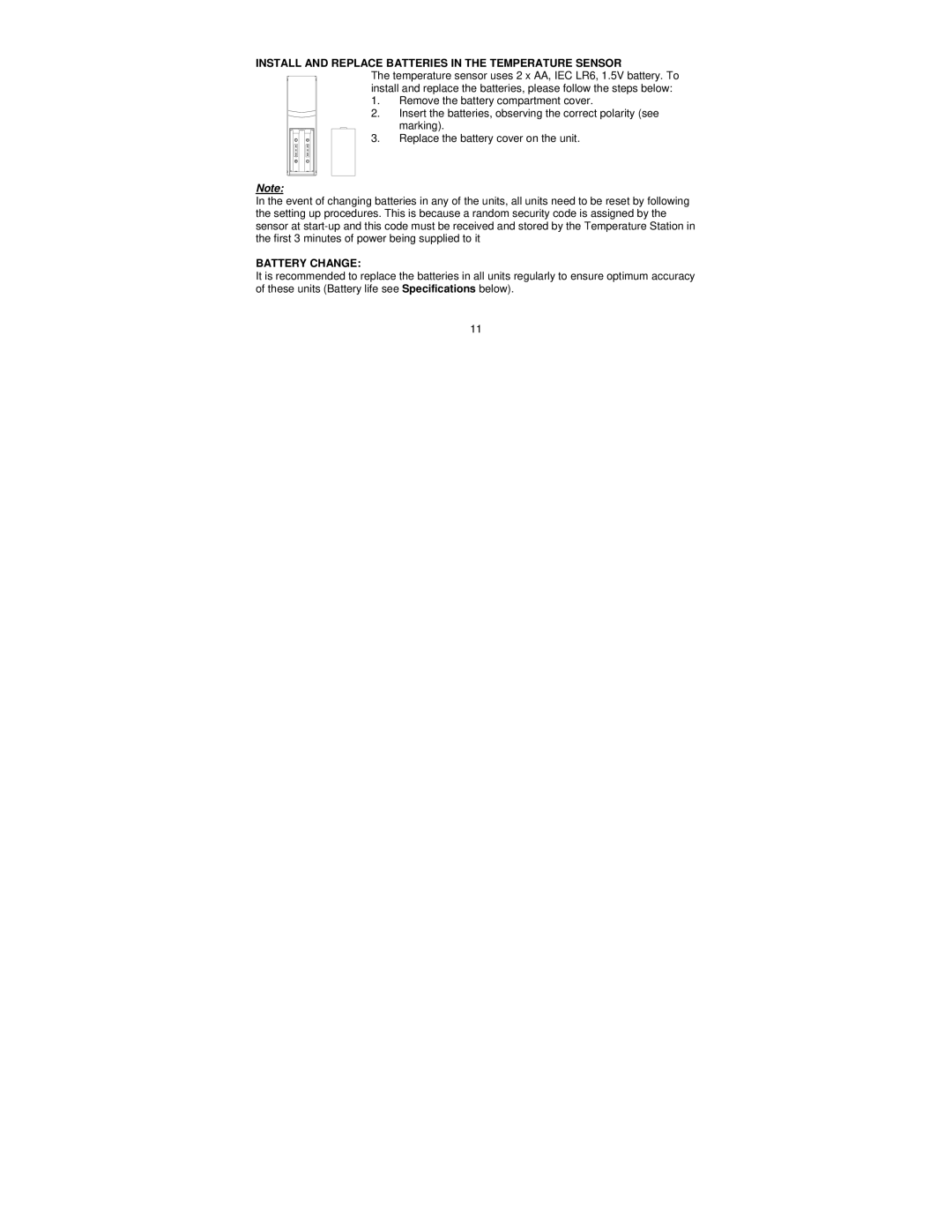 La Crosse Technology WS-9037U-IT manual Install and Replace Batteries in the Temperature Sensor, Battery Change 