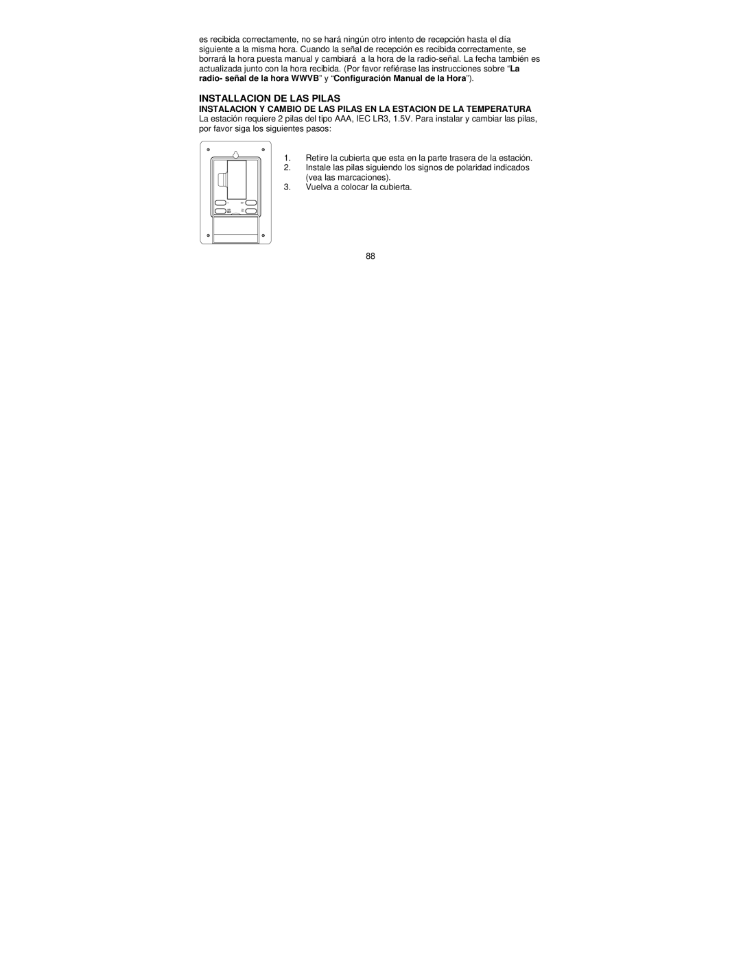 La Crosse Technology WS-9037U-IT manual Installacion DE LAS Pilas 