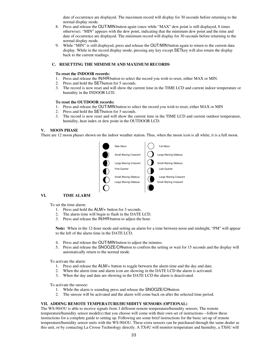 La Crosse Technology WS-9043U instruction manual Resetting the Mimimum and Maximum Records, Moon Phase, Time Alarm 