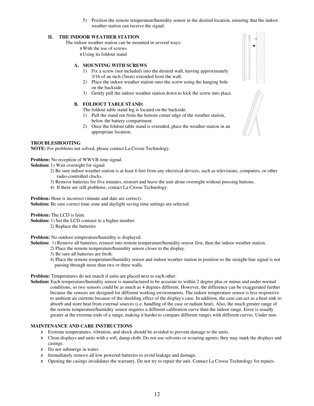 La Crosse Technology WS-9043U instruction manual II. the Indoor Weather Station, Foldout Table Stand, Troubleshooting 