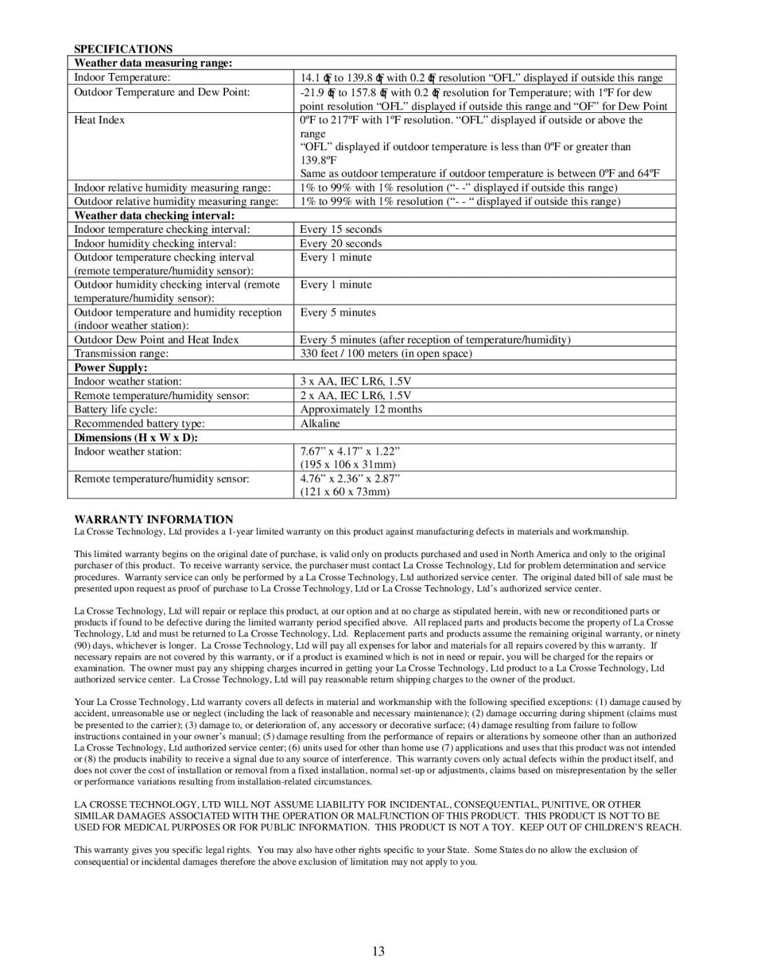 La Crosse Technology WS-9043U instruction manual Specifications, Warranty Information 