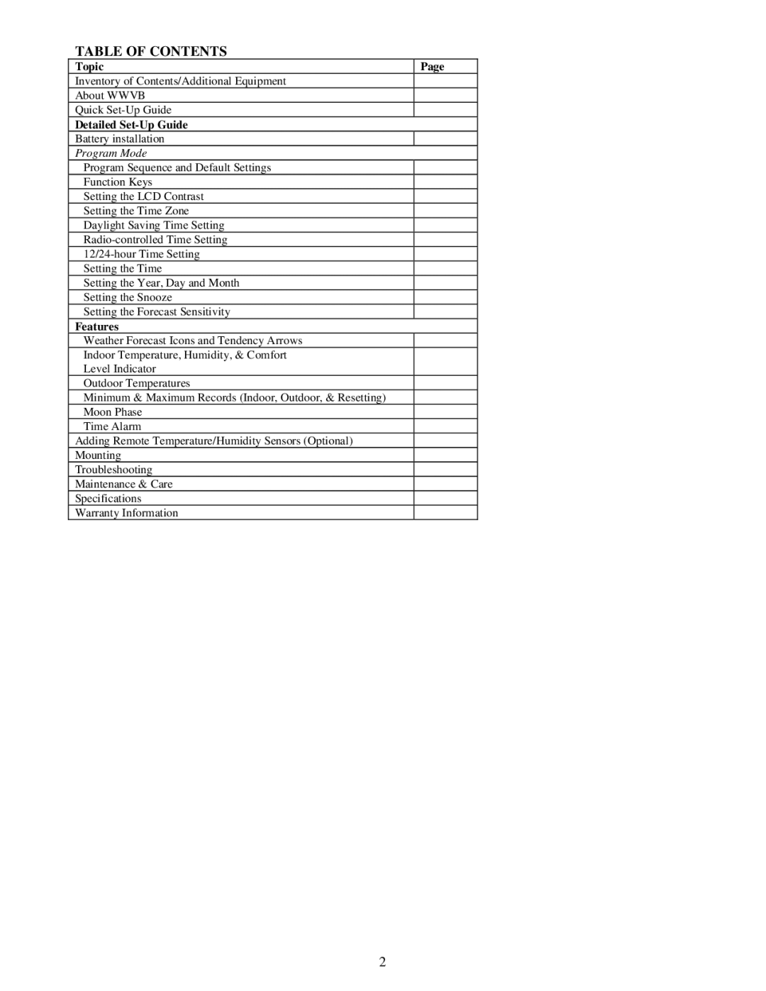 La Crosse Technology WS-9043U instruction manual Table of Contents 