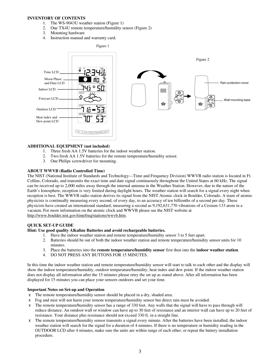 La Crosse Technology WS-9043U instruction manual Inventory of Contents, Quick SET-UP Guide 