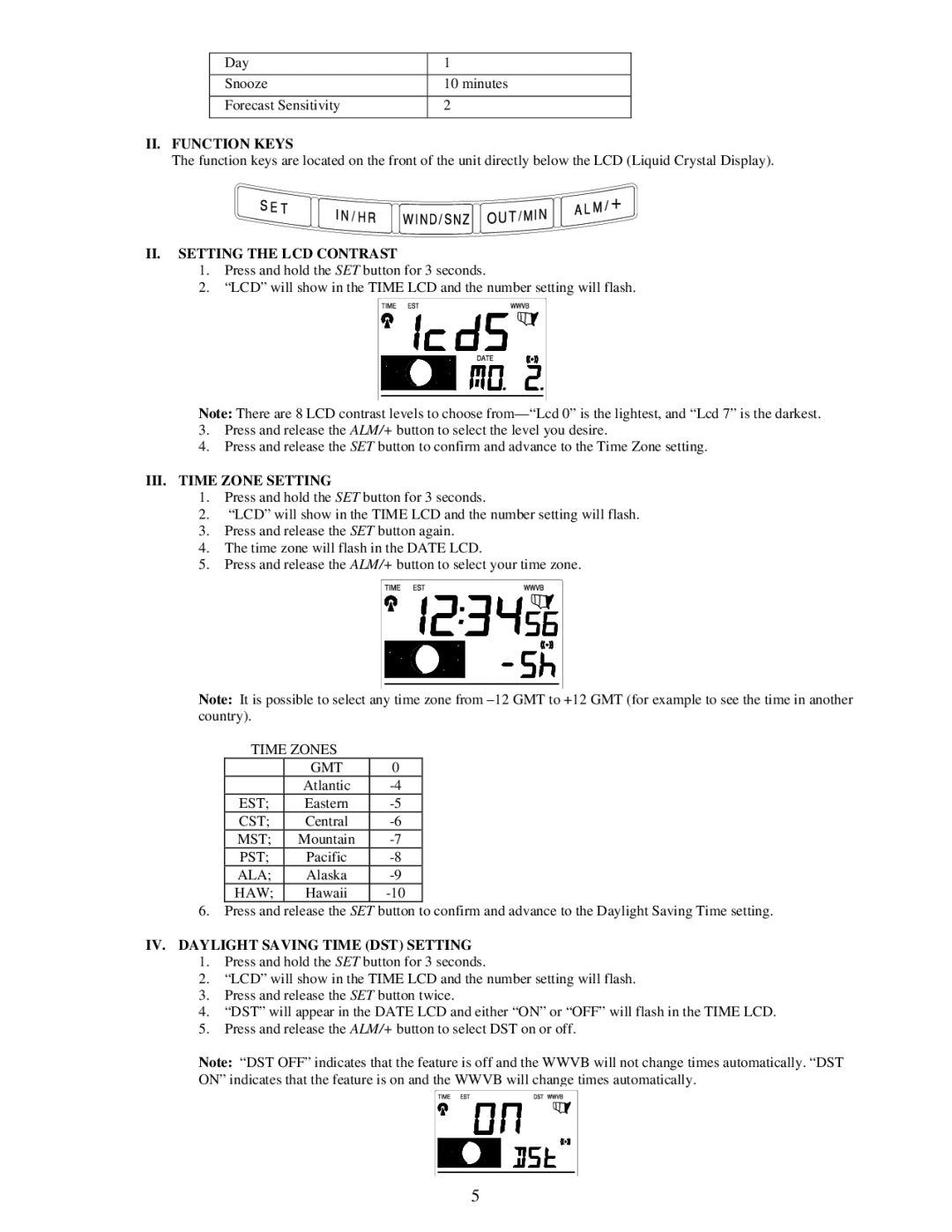 La Crosse Technology WS-9043U instruction manual II. Function Keys, II. Setting the LCD Contrast, III. Time Zone Setting 