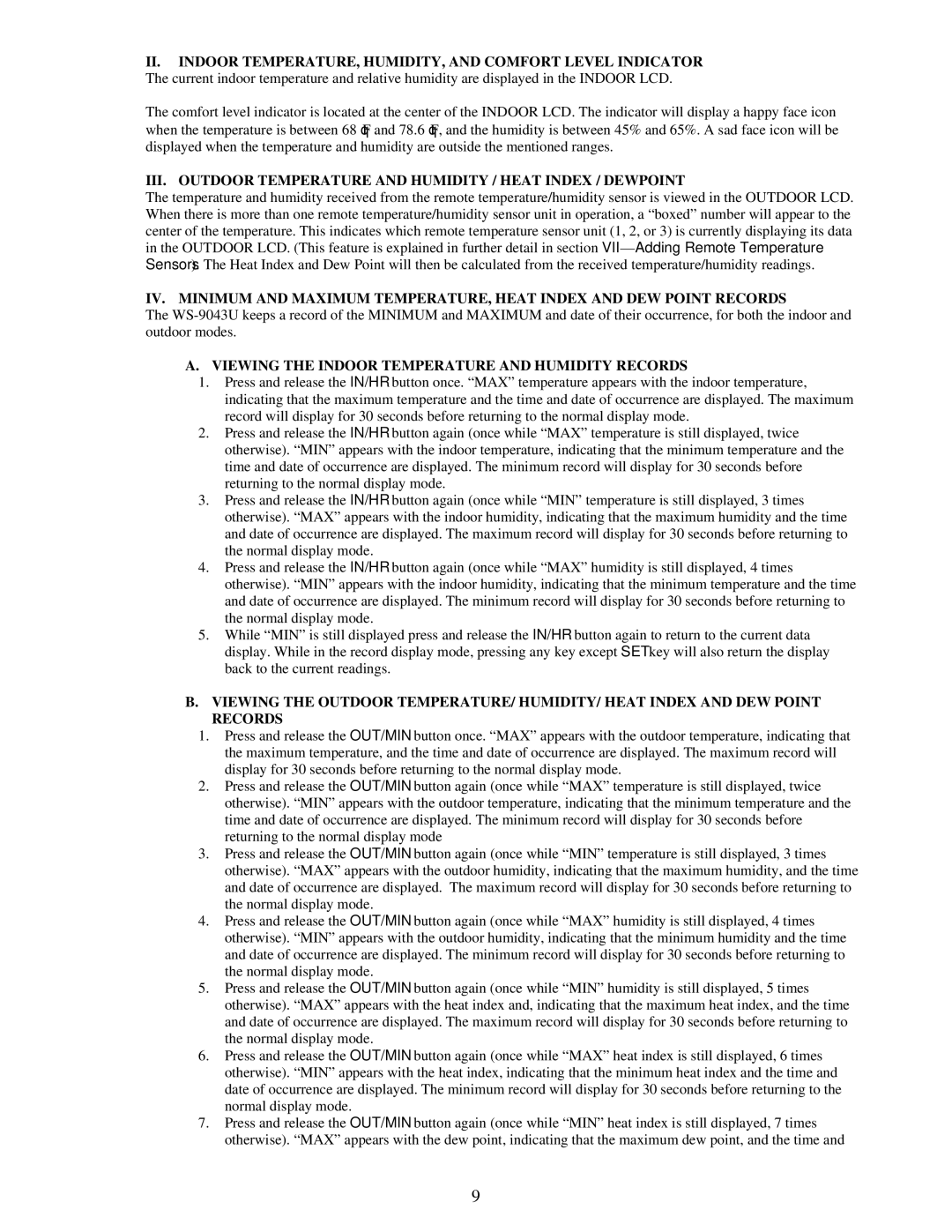 La Crosse Technology WS-9043U instruction manual Viewing the Indoor Temperature and Humidity Records 