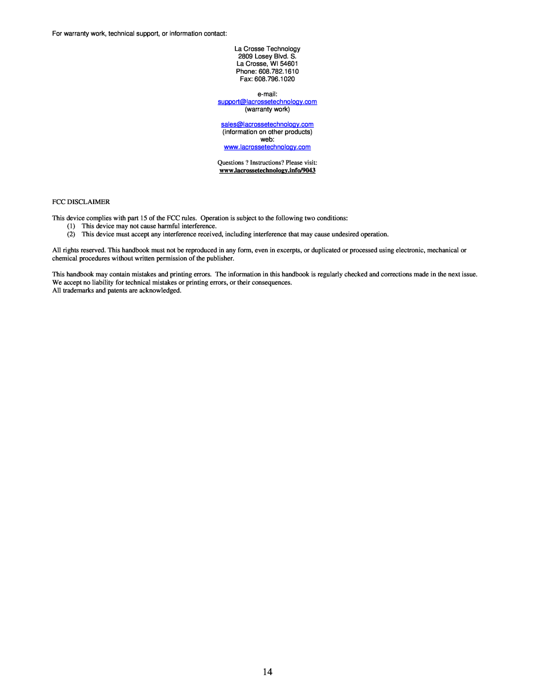 La Crosse Technology WS-9043U instruction manual Fcc Disclaimer 