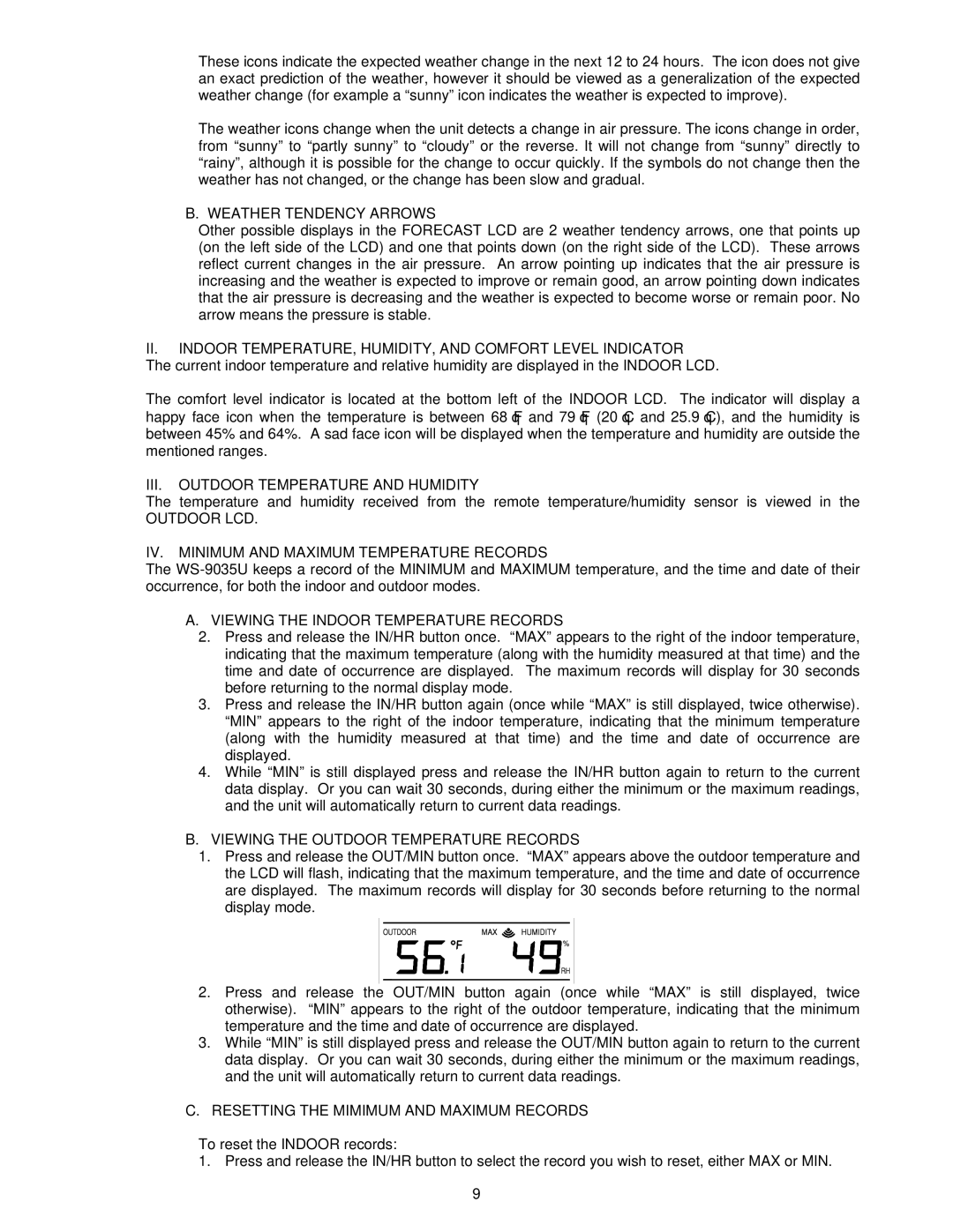 La Crosse Technology WS-9046U instruction manual Weather Tendency Arrows, III. Outdoor Temperature and Humidity 