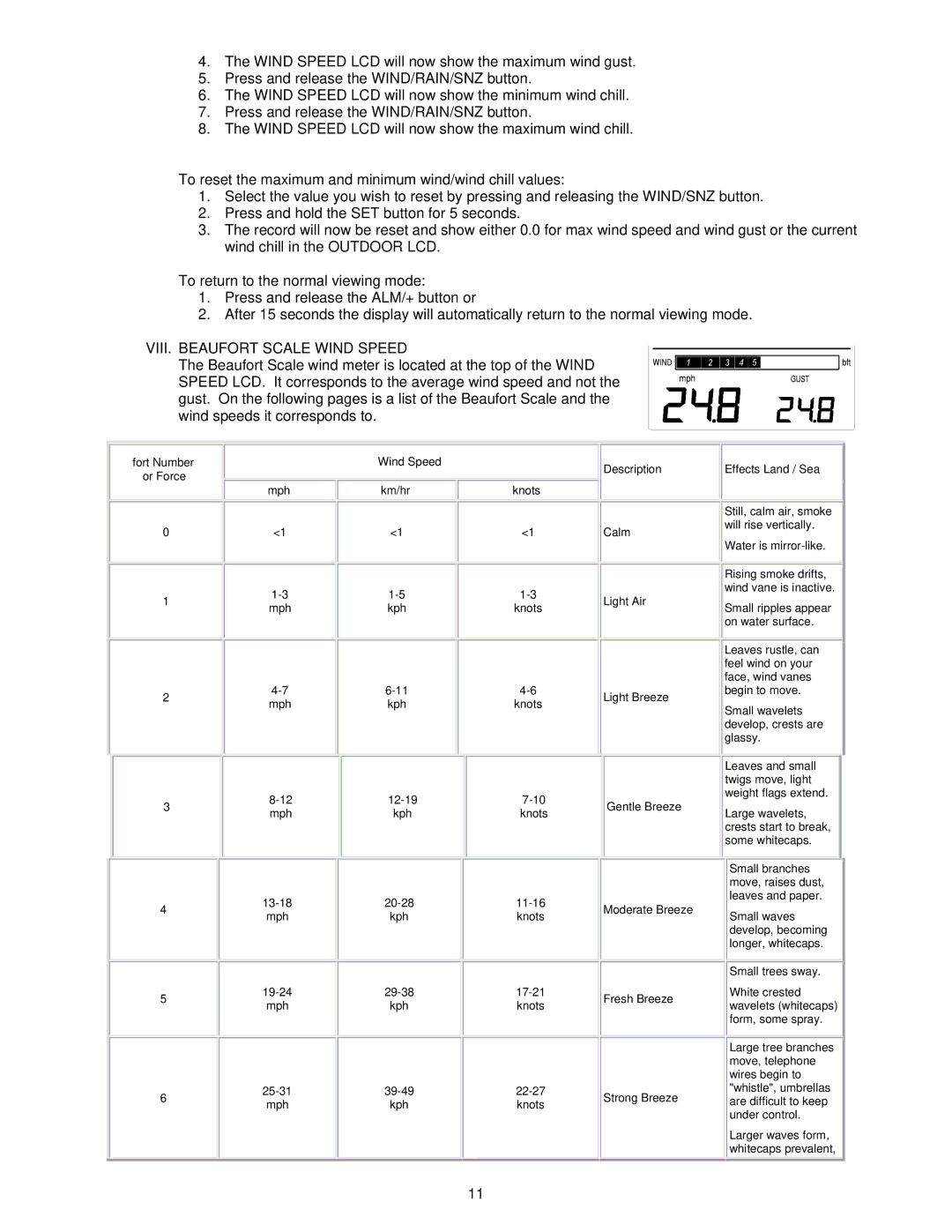 La Crosse Technology WS-9046U VIII. Beaufort Scale Wind Speed, Fort Number Or Force Wind Speed Mph Km/hr Knots 