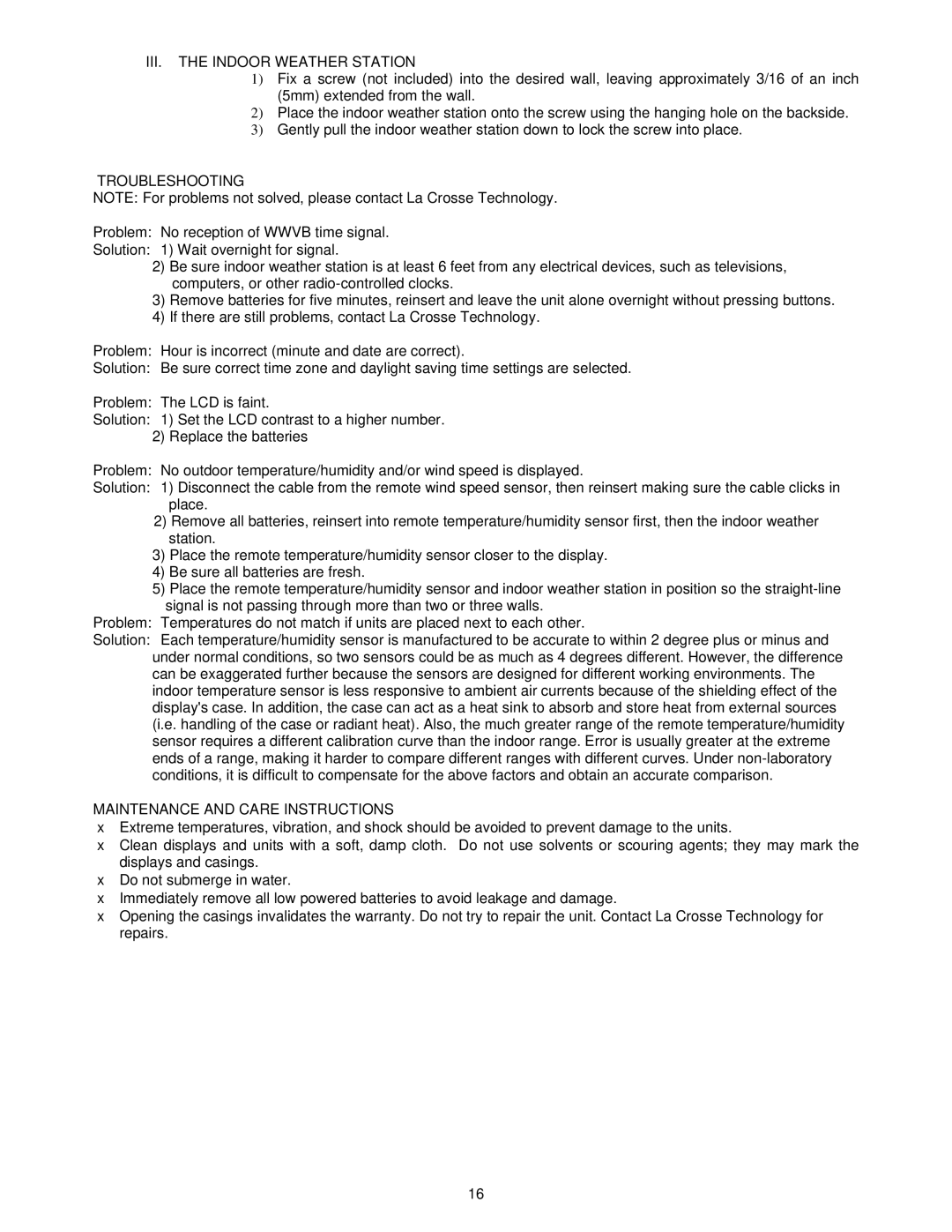 La Crosse Technology WS-9046U III. the Indoor Weather Station, Troubleshooting, Maintenance and Care Instructions 