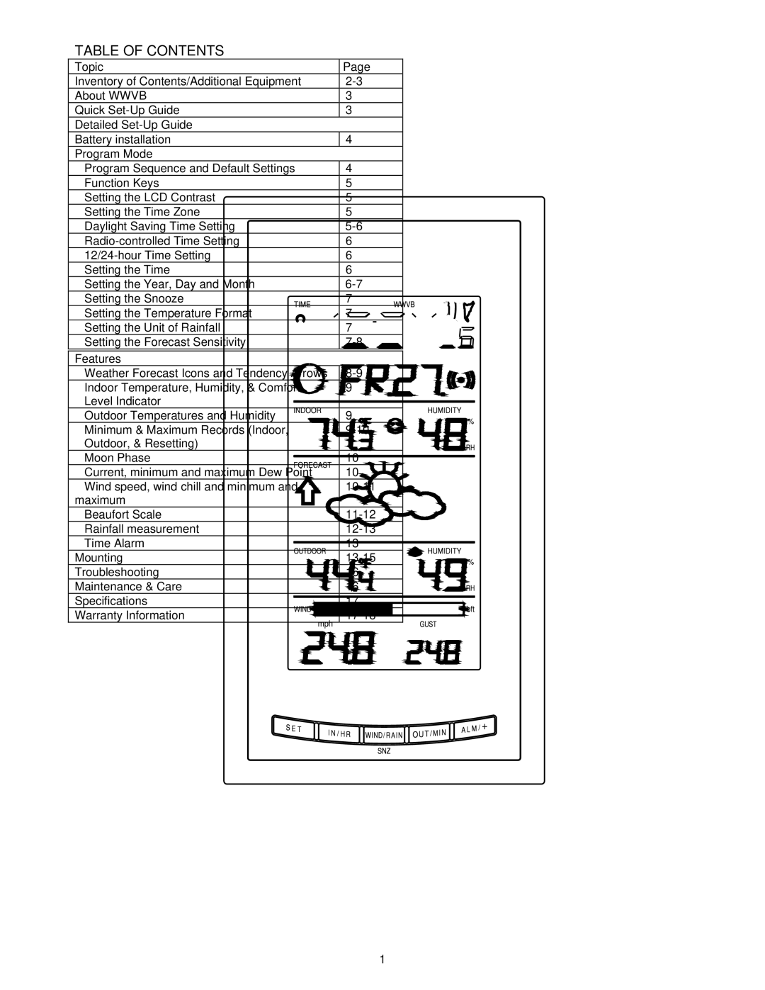 La Crosse Technology WS-9046U instruction manual Table of Contents 