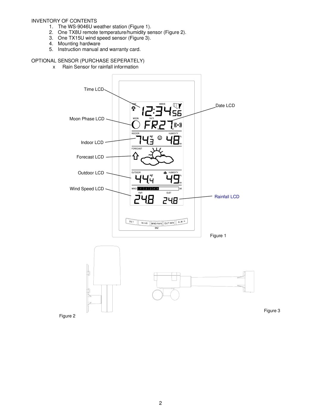 La Crosse Technology WS-9046U instruction manual Inventory of Contents, Optional Sensor Purchase Seperately 