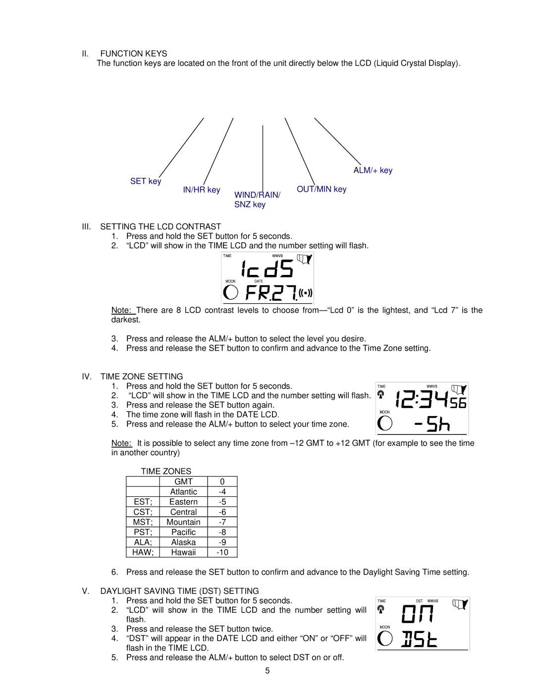 La Crosse Technology WS-9046U instruction manual II. Function Keys, III. Setting the LCD Contrast, IV. Time Zone Setting 