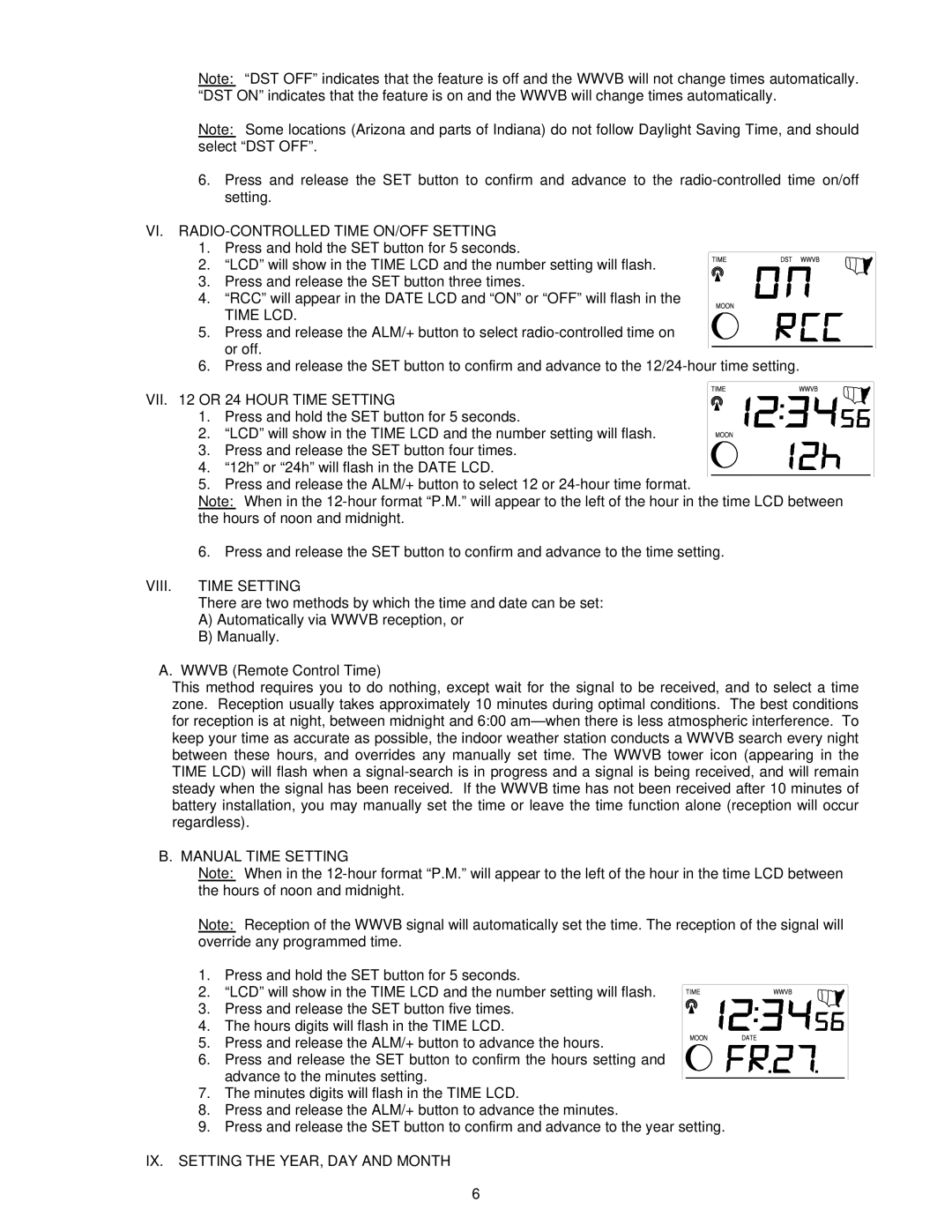 La Crosse Technology WS-9046U instruction manual VIII. Time Setting, Wwvb Remote Control Time, Manual Time Setting 