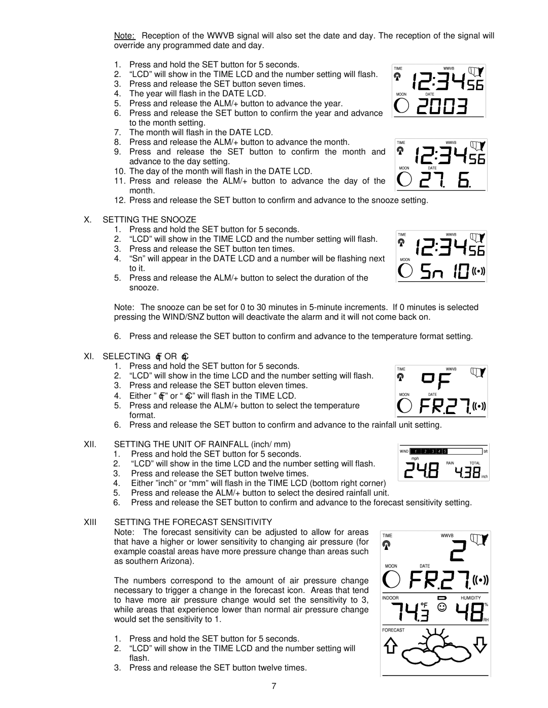 La Crosse Technology WS-9046U Setting the Snooze, Selecting F or C, Xii, Setting the Unit of Rainfall inch/ mm 