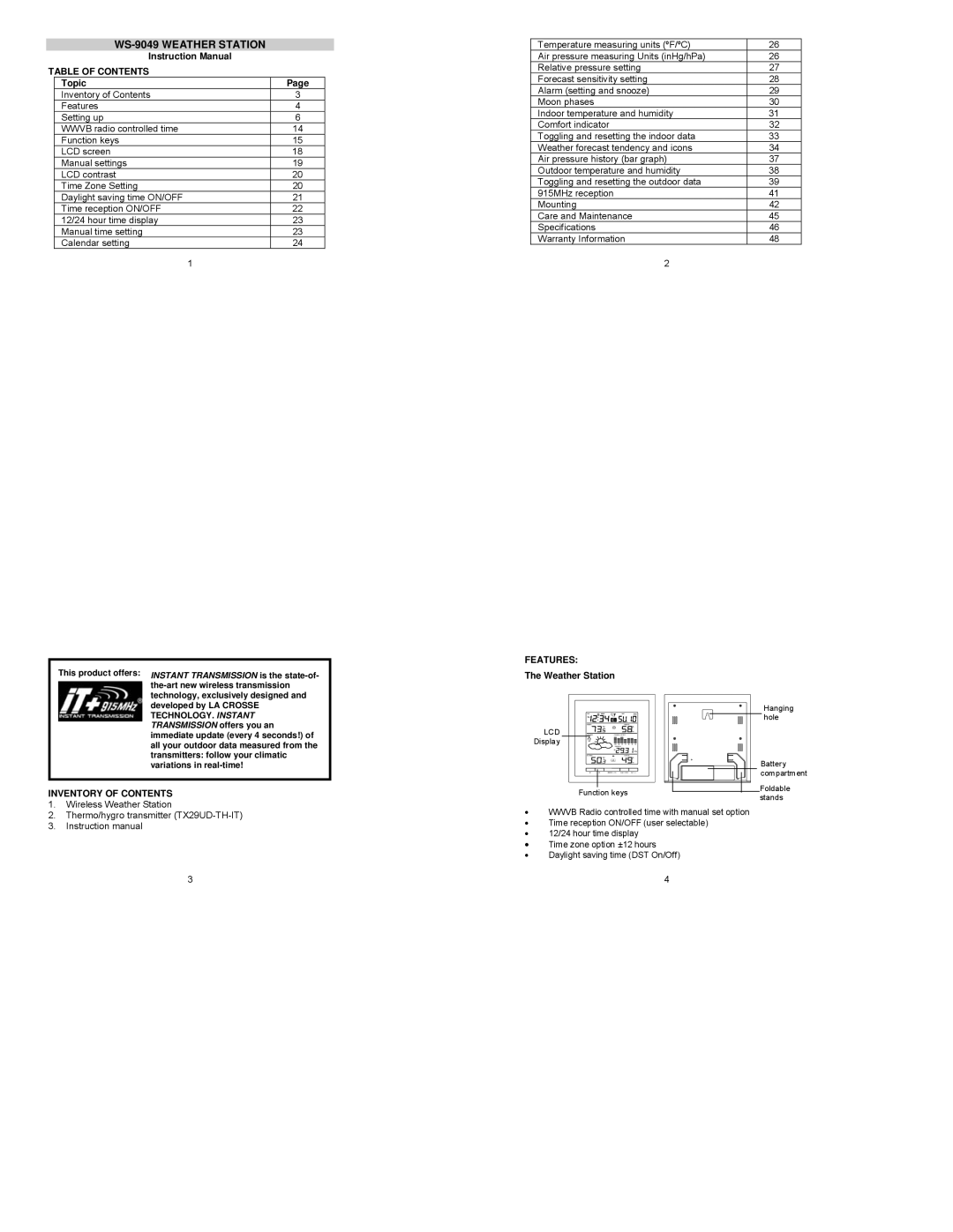 La Crosse Technology WS-9049 instruction manual Table of Contents, Features, Inventory of Contents 