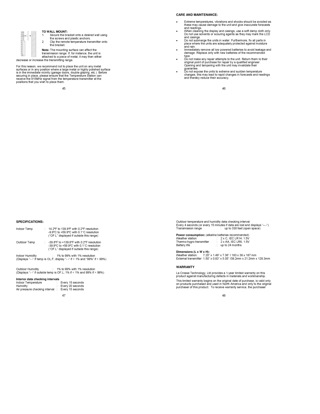 La Crosse Technology WS-9049 Specifications, Care and Maintenance, Warranty, Interior data checking intervals 
