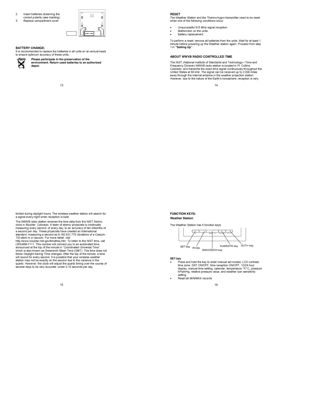 La Crosse Technology WS-9049 instruction manual Battery Change, Reset, About Wwvb Radio Controlled Time, Function Keys 