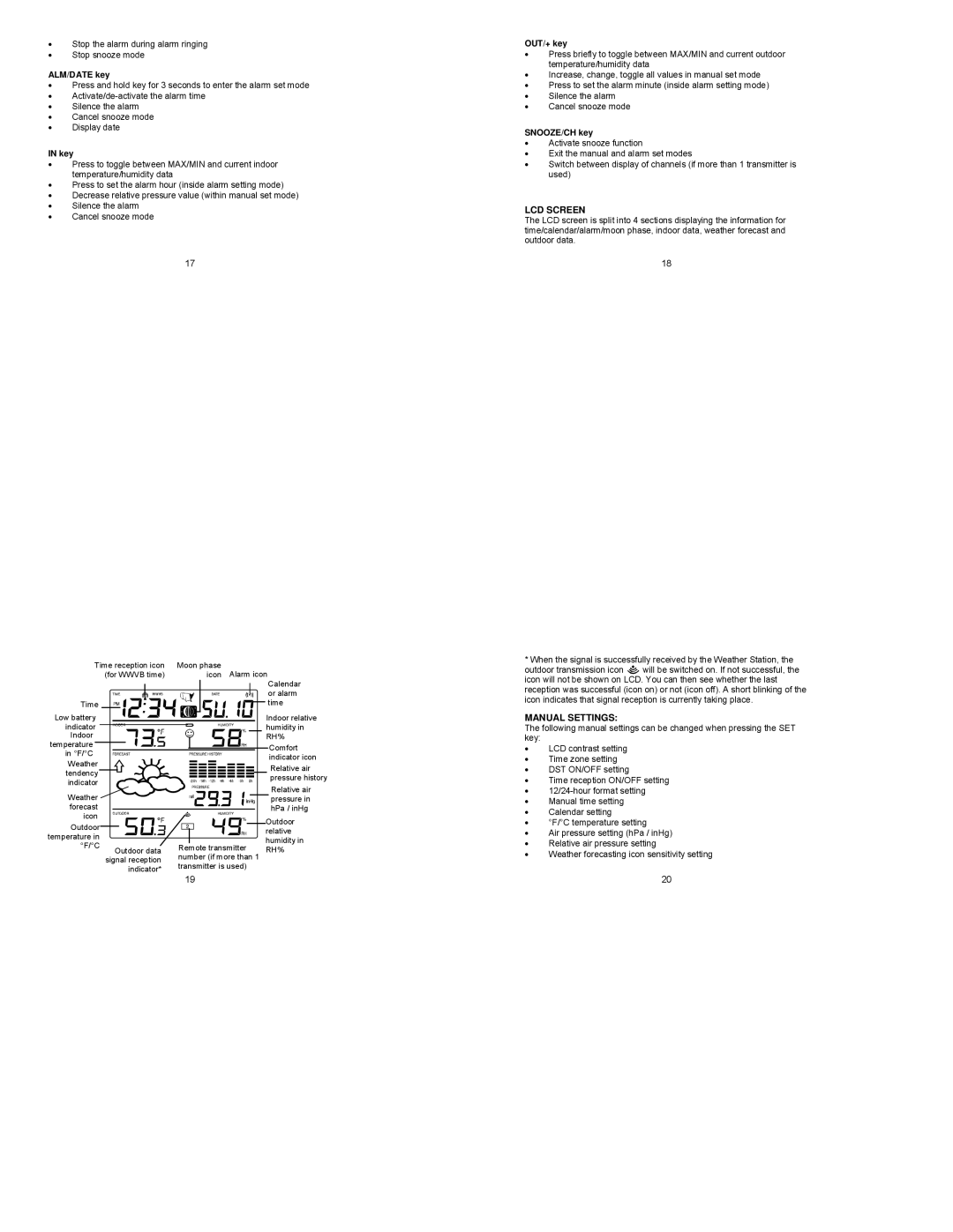 La Crosse Technology WS-9049 instruction manual LCD Screen, Manual Settings 