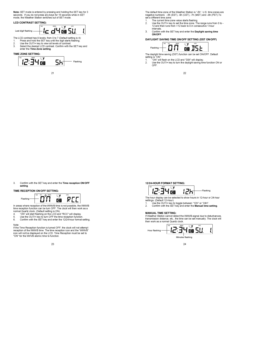 La Crosse Technology WS-9049 LCD Contrast Setting, Time Zone Setting, Time Reception ON/OFF Setting, Manual Time Setting 