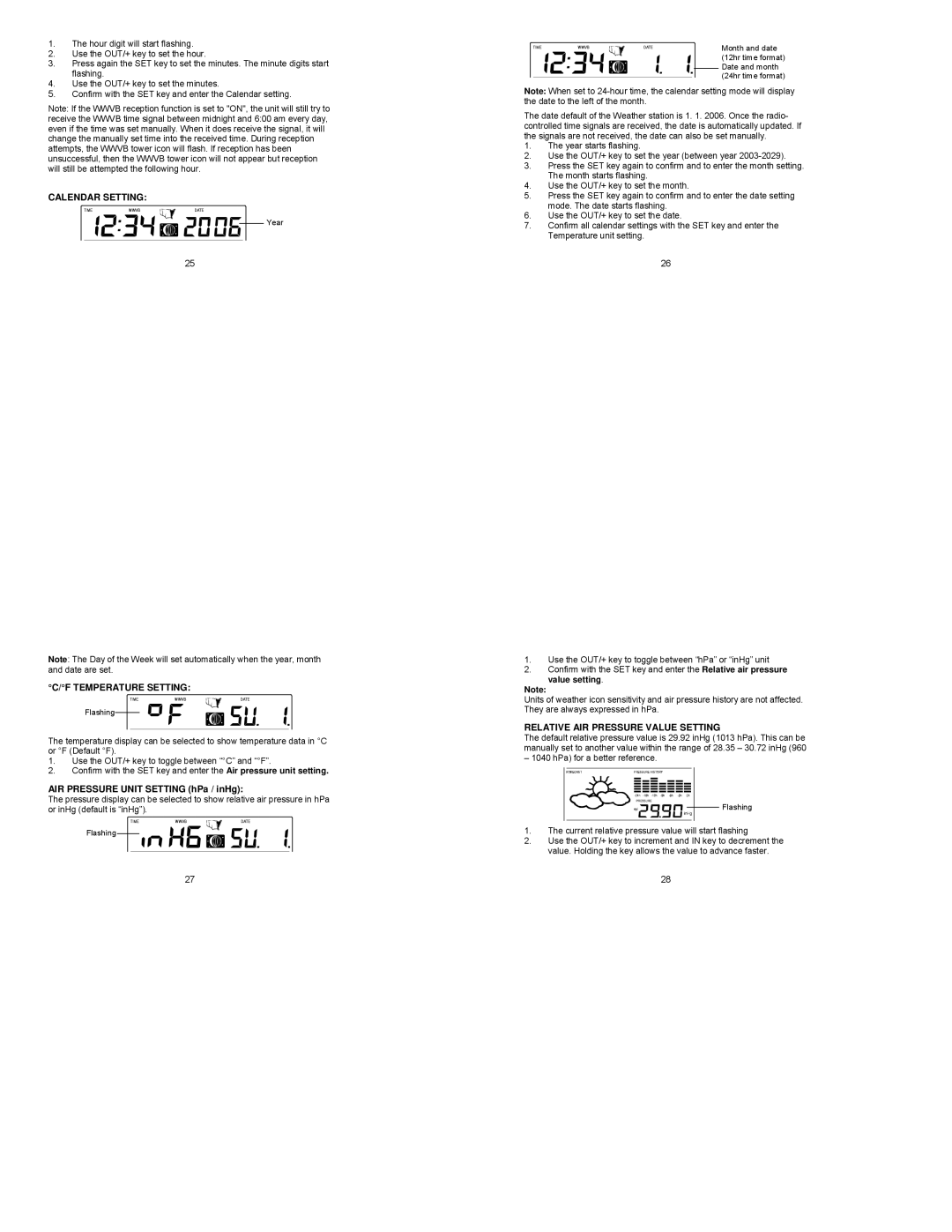 La Crosse Technology WS-9049 instruction manual Calendar Setting, Temperature Setting, AIR Pressure Unit Setting hPa / inHg 