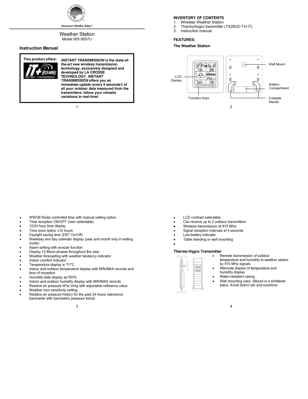 La Crosse Technology WS-9057U instruction manual Inventory of Contents, Features, Weather Station 