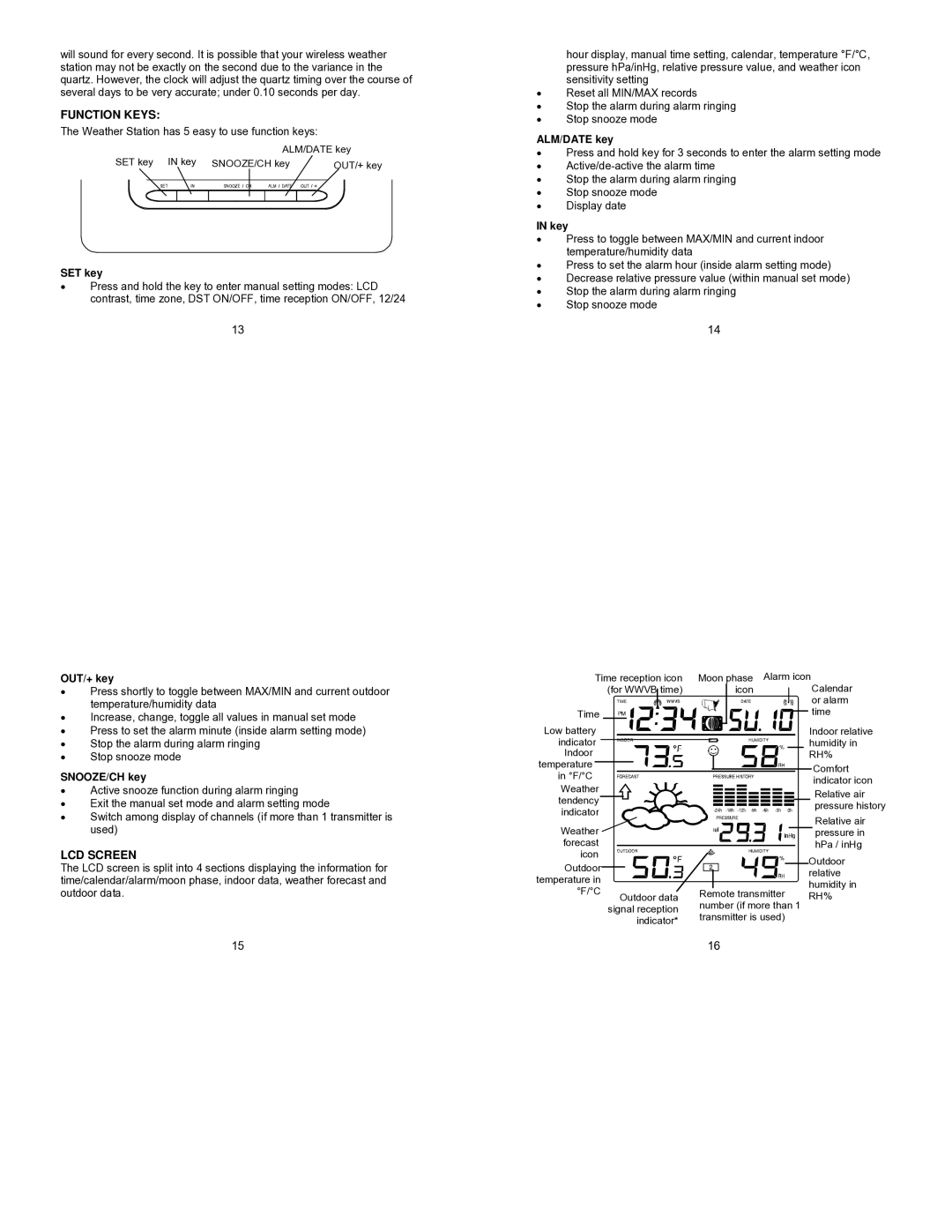 La Crosse Technology WS-9057U instruction manual Function Keys, LCD Screen 