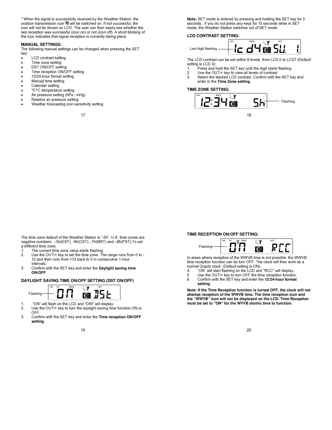 La Crosse Technology WS-9057U Manual Settings, Daylight Saving Time ON/OFF Setting DST ON/OFF, LCD Contrast Setting 
