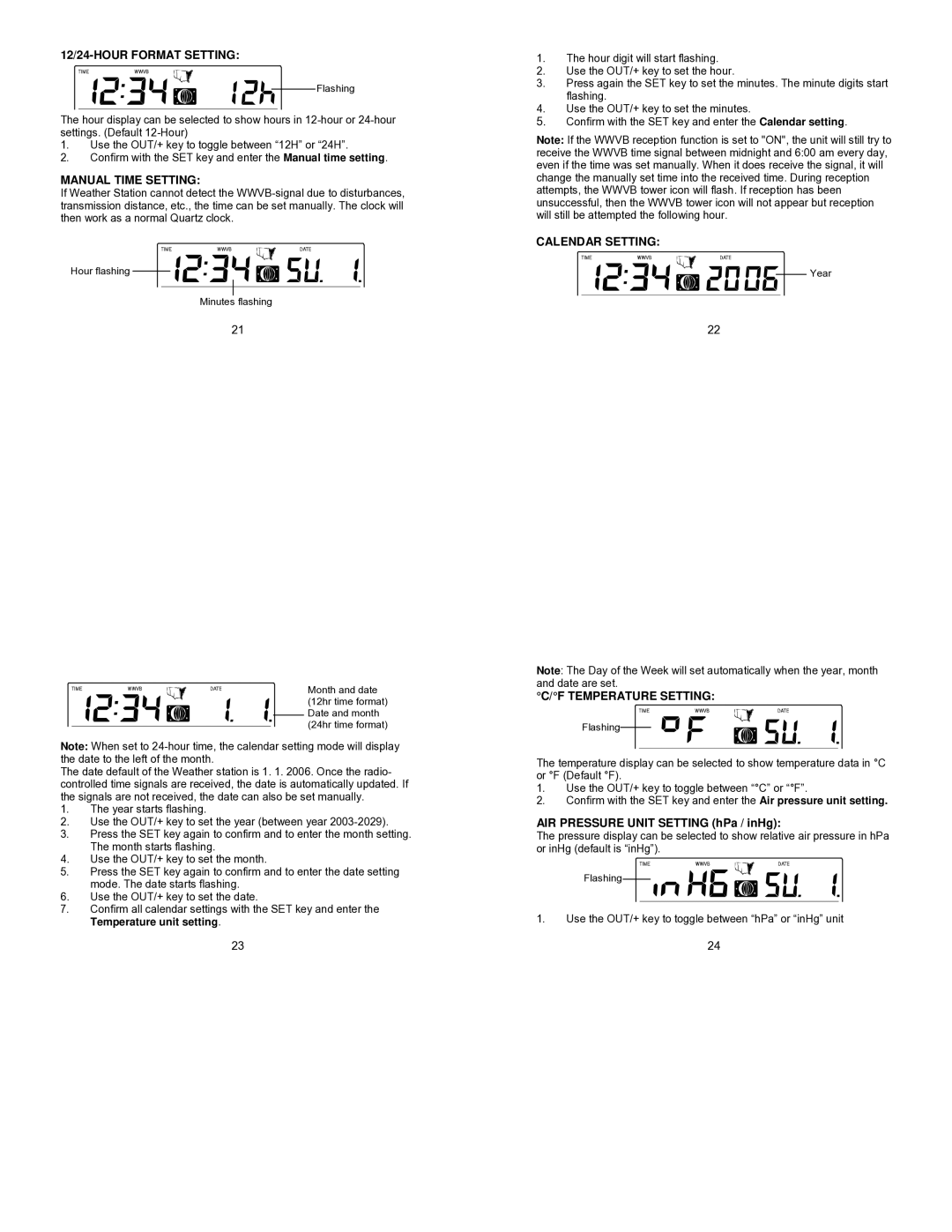 La Crosse Technology WS-9057U 12/24-HOUR Format Setting, Manual Time Setting, Calendar Setting, Temperature Setting 