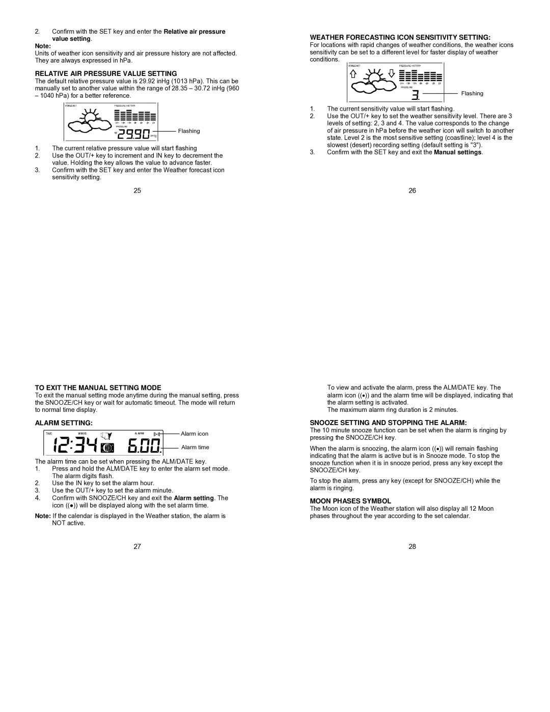 La Crosse Technology WS-9057U Relative AIR Pressure Value Setting, To Exit the Manual Setting Mode, Alarm Setting 