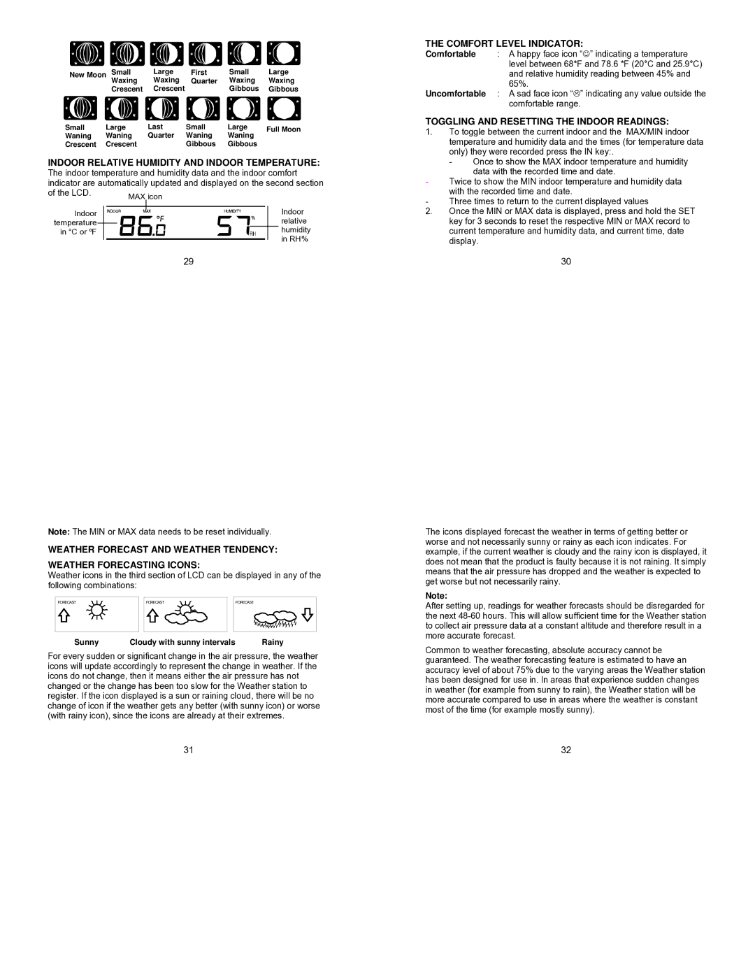 La Crosse Technology WS-9057U instruction manual Indoor Relative Humidity and Indoor Temperature, Comfort Level Indicator 