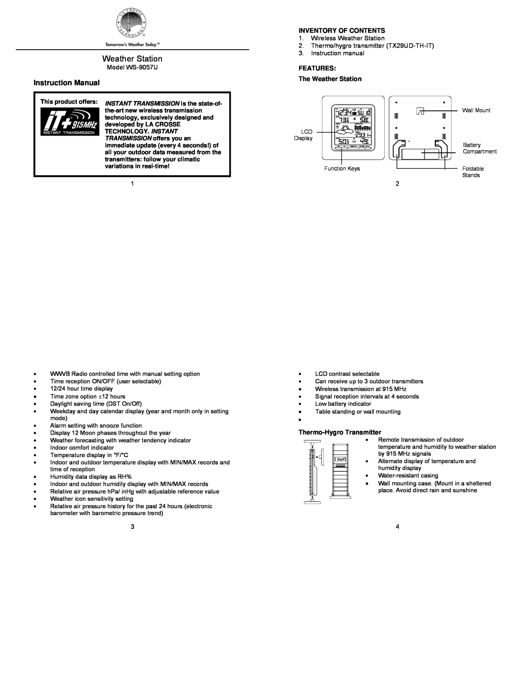La Crosse Technology instruction manual Model WS-9057U, Inventory Of Contents, Wireless Weather Station 