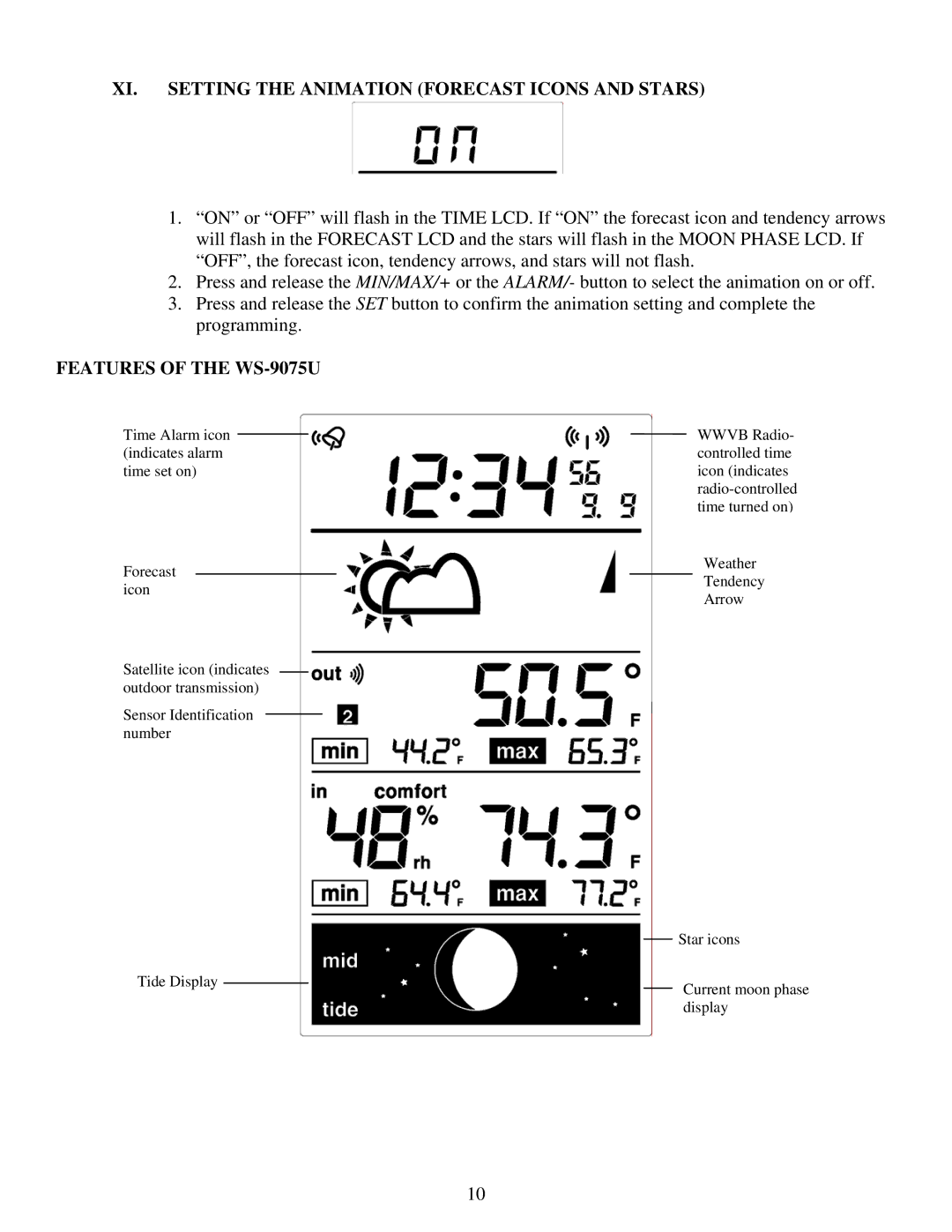 La Crosse Technology instruction manual XI. Setting the Animation Forecast Icons and Stars, Features of the WS-9075U 